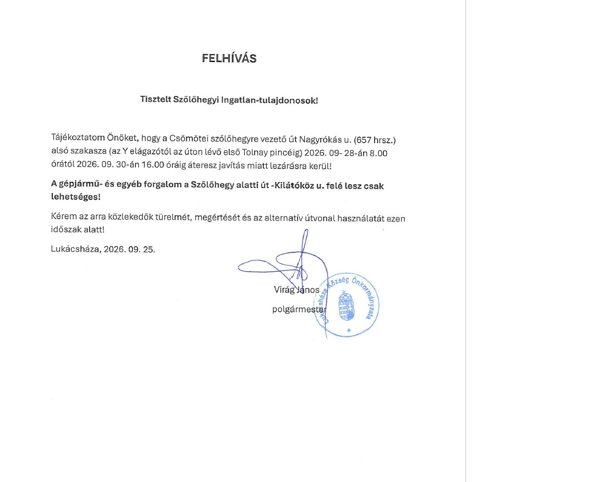 Csömötei Szőlőhegy Nagyrókás utca lezárása